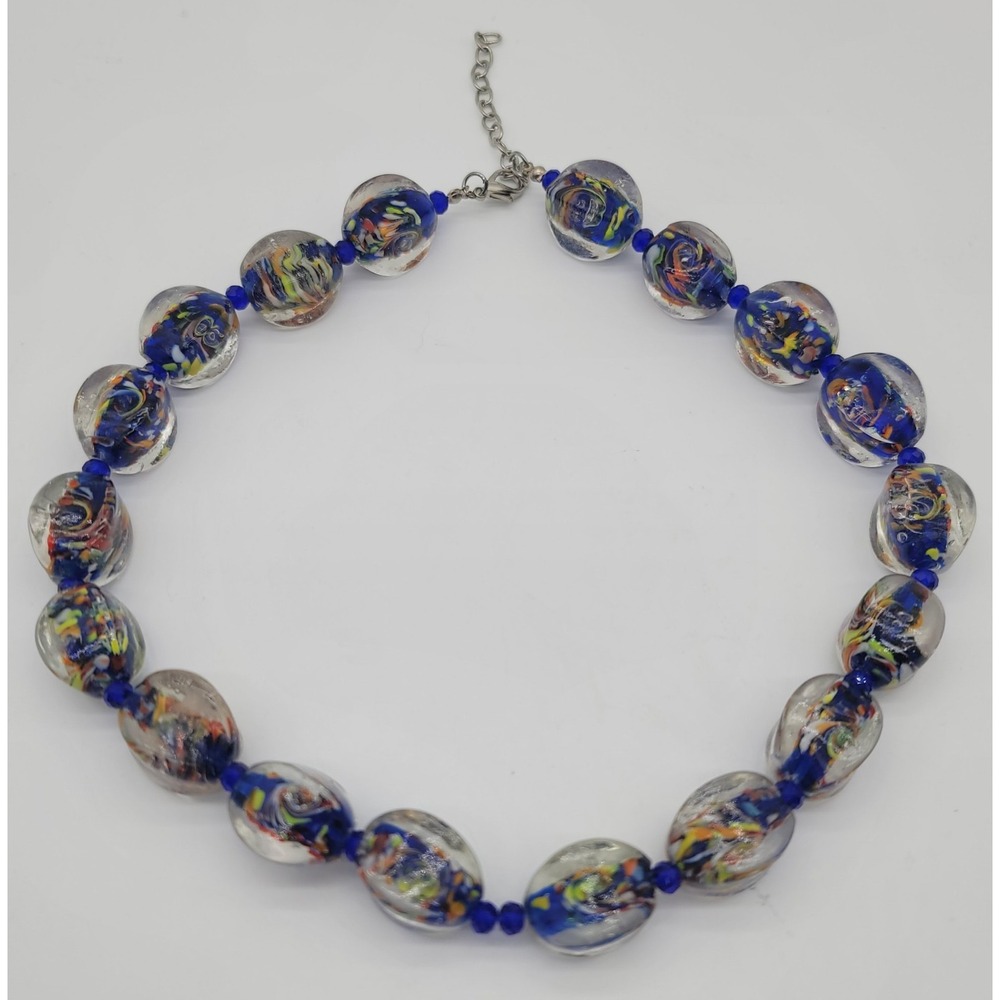Art Glass Beaded Necklace Blue Swirl Confetti Murano Style 20" - Picture 3 of 7